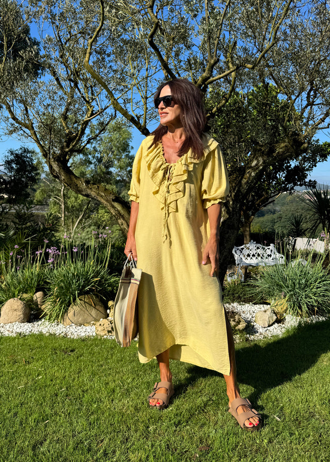 VESTIDO VOLANTES MOSTAZA