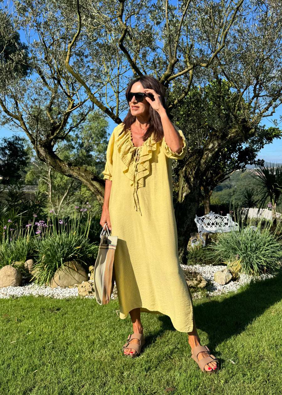 VESTIDO VOLANTES MOSTAZA