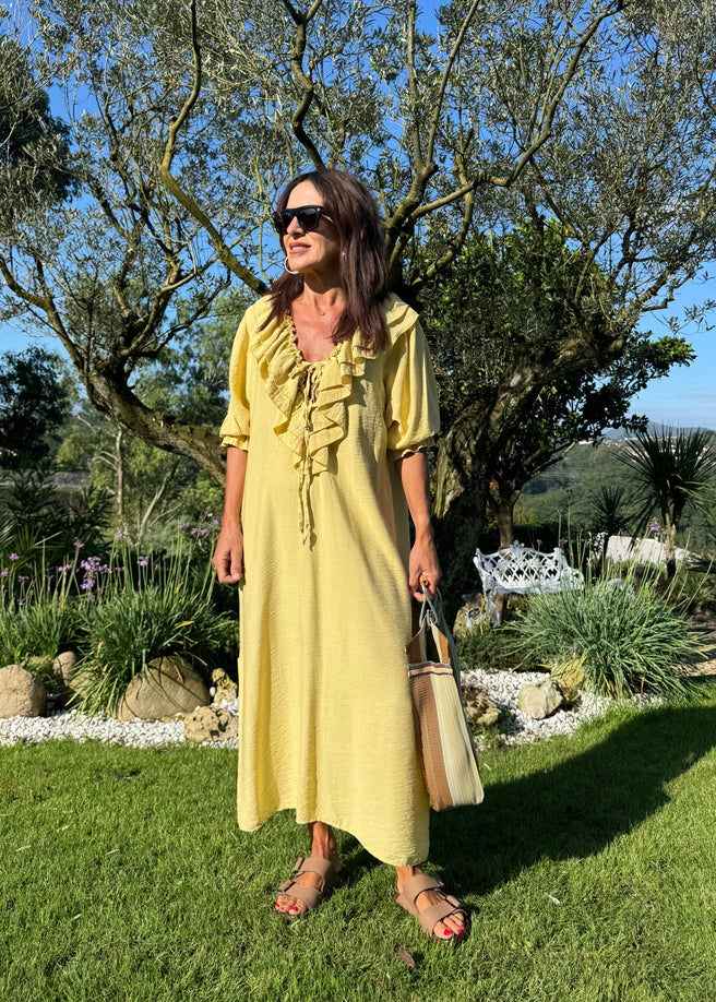 VESTIDO VOLANTES MOSTAZA