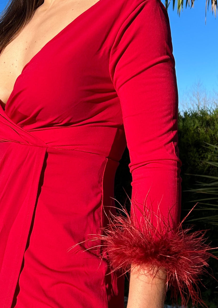 VESTIDO PLUMAS ROJO