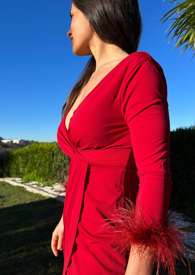 VESTIDO PLUMAS ROJO