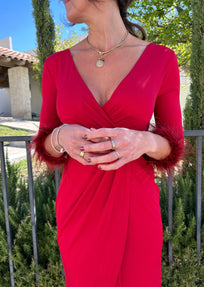 VESTIDO PLUMAS ROJO